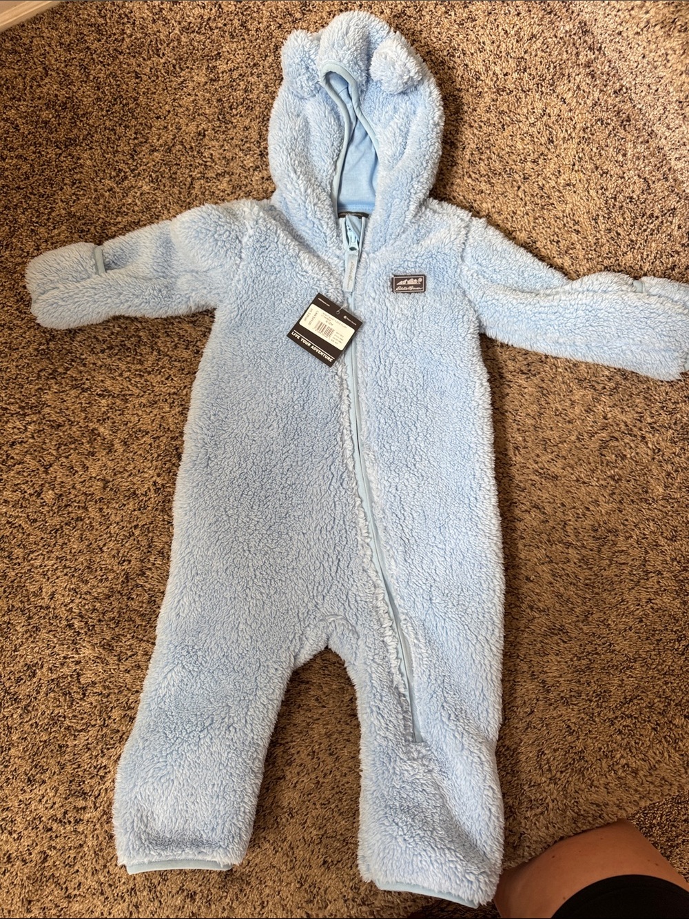 Eddie Bauer Light Blue Sherpa Baby Footie with Bear 🐻 Hood NWT